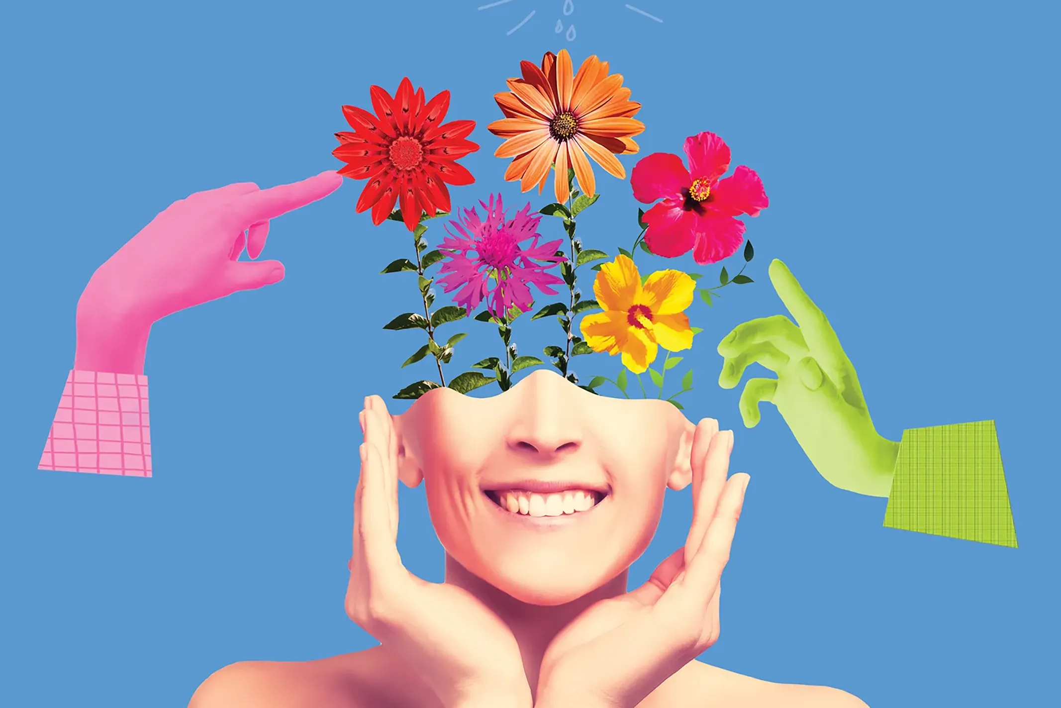 Conceptual image with a tea pot watering flowers emanating from a woman's head.