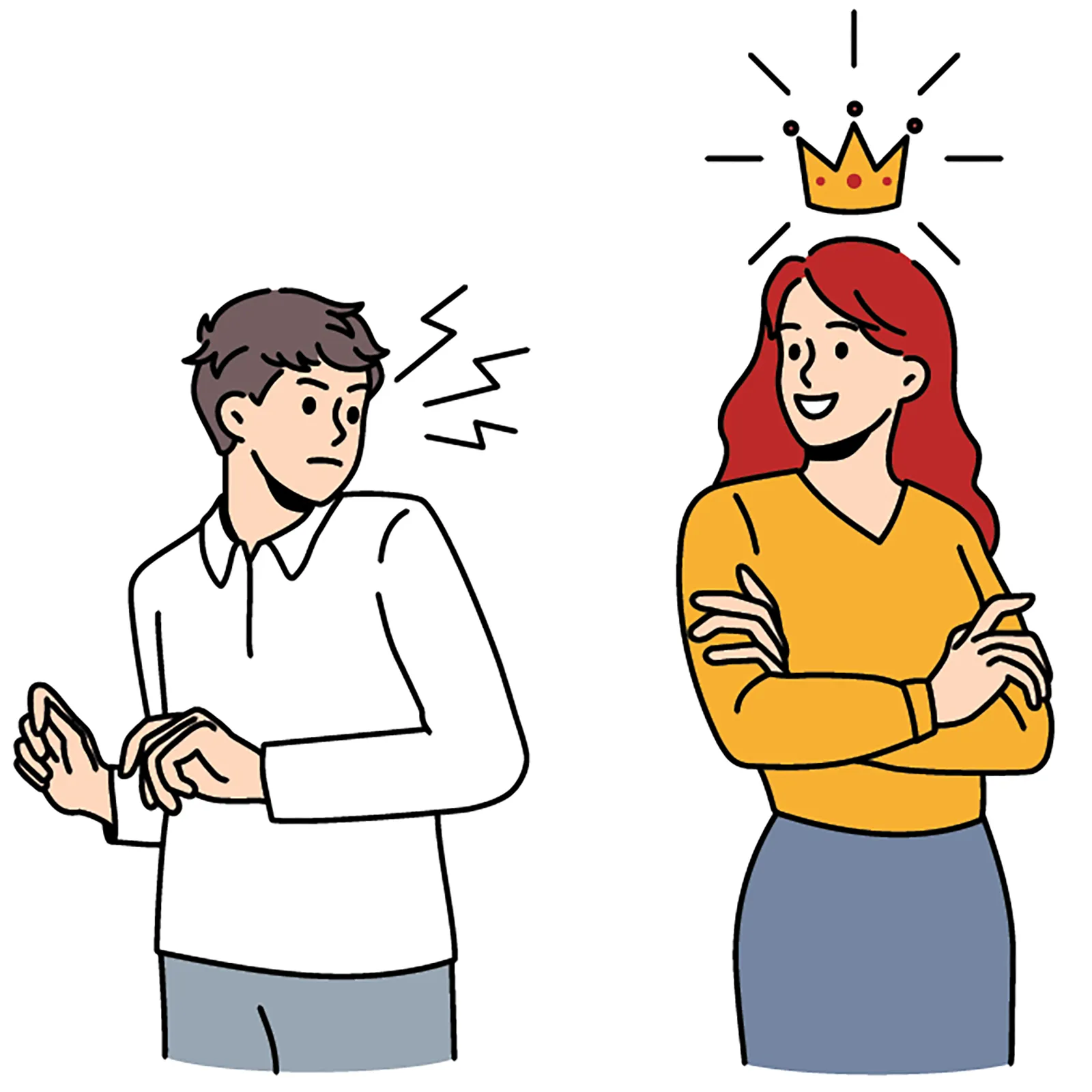 Illustration of a man being jealous of a woman with a crown above her head.